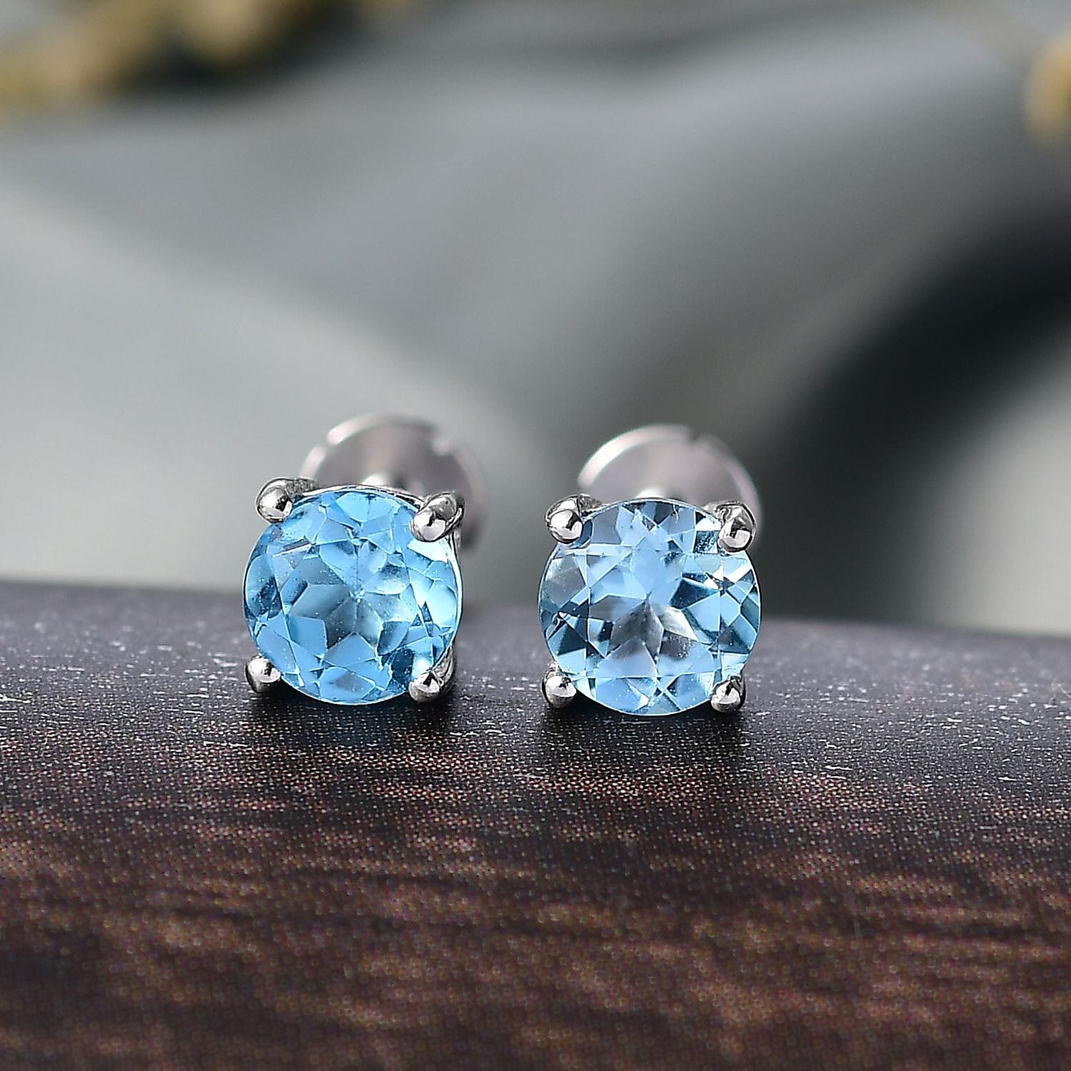 Blue Topaz Earring with Screw Back in Rhodium Overlay Sterling Silver 1.16 Ct.